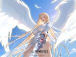  1girl angel angel_wings artist_request blonde_hair blue_sky breasts brown_dust_(series) brown_dust_2 cloud copyright_name copyright_notice covered_navel drawing_sword dress falling_feathers feathers from_below glowing glowing_wings hair_censor highres holding holding_sword holding_weapon large_breasts long_hair official_art olivier_(brown_dust) open_mouth red_eyes sky solo sword very_long_hair weapon white_dress wings 