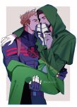  2boys artist_name avengers_(series) belt black_belt black_bodysuit black_gloves blonde_hair bodysuit border brown_hair cape captain_america carrying closed_mouth commentary doctor_doom facial_hair fingerless_gloves fingernails gloves green_cape green_pants green_shirt grey_background grey_mask half-closed_eyes hand_on_another's_shoulder hands_up highres holding holding_mask hood hooded_cape long_sleeves looking_at_another male_focus marvel mask mcnn0000 multiple_boys octopus_print outside_border pants pink_eyes princess_carry red_eyes shirt short_hair simple_background smile steve_rogers symbol-only_commentary tony_stark white_border yaoi 