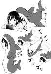  1girl absurdres airandou animal_costume blush greyscale highres long_hair lying monochrome multiple_views nintendo_switch on_floor on_stomach original rolling shark_costume shark_sleeping_bag translated very_long_hair 