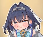  1girl :i anger_vein angry bare_shoulders black_hair blue_bow blue_bowtie blue_eyes blush bow bow_earrings bowtie chain chain_headband chibi chibi_only commentary earrings english_commentary hair_between_eyes hair_intakes heart-shaped_gem highres hololive hololive_english jewelry kukie-nyan medium_hair ouro_kronii ouro_kronii_(1st_costume) outline simple_background solo tears veil virtual_youtuber white_outline yellow_background 