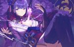 1girl absurdres breasts bridal_gauntlets cleavage closed_mouth clothing_cutout commentary drawing_sword electricity english_commentary fan_hair_ornament from_side genshin_impact glowing glowing_sword glowing_weapon hair_ornament highres holding holding_sword holding_weapon human_scabbard japanese_clothes kimono large_breasts luunarts mitsudomoe_(shape) mole mole_under_eye musou_isshin_(genshin_impact) neck_ribbon off_shoulder purple_background purple_eyes purple_hair purple_kimono purple_thighhighs raiden_shogun red_ribbon red_sash ribbon sash shoulder_cutout sitting solo sword sword_between_breasts thighhighs tomoe_(symbol) weapon 
