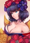  1girl absurdres blue_eyes breasts caiman-pool cleavage fate/grand_order fate_(series) hair_ornament hairpin highres japanese_clothes katsushika_hokusai_(fate/grand_order) kimono large_breasts off-shoulder_kimono purple_hair 