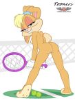  3_toes 4_fingers anthro ball bedroom_eyes breasts buckteeth butt feet female fingers genitals hi_res lagomorph leporid lola_bunny looking_at_viewer looking_back looking_back_at_viewer looney_tunes mammal narrowed_eyes net phillipthe2 rabbit rear_view seductive small_breasts smile smiling_at_viewer solo teeth tennis_ball tennis_court tennis_net tennis_racket toes tooners vulva warner_brothers 