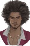 1boy afro beard brown_hair chinstrap_beard dark-skinned_male dark_skin facial_hair highres jewelry kasuga_ichiban male_focus necklace portrait red_suit ryuu_ga_gotoku_(series) ryuu_ga_gotoku_7 smile solo sotenborinpc suit thick_eyebrows 