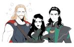  1girl 2boys ? armor arrow_(symbol) bare_shoulders beard belt black_armor black_dress black_eyes black_hair black_lips blonde_hair blush breastplate breasts brother_and_sister brothers brown_belt cape closed_eyes closed_mouth commentary dress eyeshadow facial_hair green_vest grey_eyeshadow happy hela_(marvel) highres lapels loki_(marvel) long_hair long_sleeves looking_at_viewer makeup marvel mcnn0000 medium_breasts medium_hair multiple_boys muscular muscular_male off-shoulder_dress off_shoulder open_clothes open_mouth open_vest pale_skin red_cape short_sleeves siblings sidelocks simple_background smile symbol-only_commentary thor:_ragnarok thor_(marvel) thor_(marvel)_(series) upper_body v-shaped_eyebrows vest wavy_hair white_background 