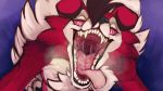  16:9 2020 acidic bodily_fluids canid canine conditional_dnp front_view fur looking_at_viewer lycanroc mammal midnight_lycanroc mouth_shot nintendo open_mouth pok&eacute;mon pok&eacute;mon_(species) red_body red_eyes red_fur saliva sharp_teeth simple_background teeth tongue tongue_out video_games white_body white_fur widescreen 