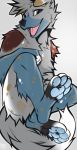  2020 4_toes angiewolf anthro black_nose blue_eyes blue_pawpads canid canine canis digital_media_(artwork) domestic_dog fingers fur grey_body grey_fur hi_res looking_at_viewer male mammal open_mouth pawpads smile solo toes tongue 