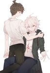  2boys absurdres ahoge bangs between_legs blue_eyes blue_pants brown_eyes brown_hair brown_pants closed_mouth danganronpa foot_out_of_frame green_jacket grey_hair hair_between_eyes hand_up highres hinata_hajime jacket komaeda_nagito long_sleeves looking_at_another looking_at_viewer looking_back male_focus messy_hair midou_(grk12138) multiple_boys open_clothes open_jacket pants print_shirt shirt short_hair short_sleeves simple_background sitting smile super_danganronpa_2 white_background white_hair white_shirt yaoi 