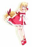  1girl agnes_claudel bare_legs blonde_hair blue_eyes braid braided_bun breasts cleavage commentary_request dress eiyuu_densetsu gloves hair_bun kuro_no_kiseki_(series) kuro_no_kiseki_i long_hair looking_at_viewer red_dress red_gloves red_ribbon red_shoes ribbon shoes simple_background single_side_bun xiacheng_tatsuya 