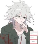  ... 1boy :/ closed_mouth commentary danganronpa_(series) danganronpa_2:_goodbye_despair drawstring green_jacket grey_eyes hair_between_eyes hand_on_own_chin highres hood hood_down hooded_jacket jacket komaeda_nagito long_sleeves male_focus marshmallow_(site) open_clothes open_jacket pote_(pote_39) shirt short_hair signature simple_background solo upper_body white_background white_hair white_shirt 