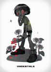  1other blood bloody_knife bloody_weapon btmr_game chara_(undertale) copyright_name flower heart holding holding_knife holding_weapon knife open_mouth red_eyes sharp_teeth shirt short_hair shorts signature simple_background solo sparkle striped striped_shirt teeth undertale weapon 