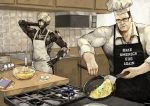  2boys absurdres awkward baking black_eyes black_hair blue_eyes chef chef_hat chef_uniform confused cooking cyborg egg english_commentary english_text eyepatch grey_hair hat highres make_america_great_again male_focus meme metal_gear_(series) metal_gear_rising:_revengeance multiple_boys muscle parody raiden shirt short_hair silver_hair steven_armstrong subakeye toned toned_male white_hair 