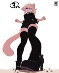  2025 anthro black_clothing black_footwear black_high_heels black_legwear black_shirt black_stockings black_topwear blonde_hair breasts brown_body brown_fur choker clothing destruction digital_media_(artwork) domestic_cat extreme_size_difference felid feline felis female footwear fur group hair hi_res high_heels inner_ear_fluff jewelry legwear looking_at_viewer looking_down low-angle_view mammal necklace p4wsized paige_(p4wsized) shirt shoes simple_background size_difference smoke standing stockings surprised tail topwear tuft white_background 