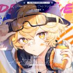  1boy bandaid bandaid_on_face bandaid_on_nose baseball_cap blonde_hair closed_mouth collarbone commission fingernails hair_between_eyes hat headphones headphones_around_neck highres holding holding_spray_can jewelry long_sleeves looking_at_viewer male_focus necklace original paint short_eyebrows short_hair sidelocks solo spray_can square unworn_eyewear upper_body watermark yan_an_xi_ye yellow_eyes 