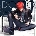  1boy artist_name bangs black_footwear black_pants blue_eyes blue_hair blue_neckwear btmr_game character_name english_text formal grin hair_over_one_eye holding hypnosis_mic id_card jacket kannonzaka_doppo lanyard long_sleeves male_focus multicolored_hair necktie pants red_hair sitting smile solo suit 