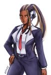  1girl absurdres alternate_costume black_hair black_suit brown_eyes brown_hair ch3wry dark_skin dark_skinned_female english_commentary forehead formal hairlocs hand_on_hip headgear highres long_hair master_raven necktie pant_suit ponytail red_neckwear scar scar_on_face scar_on_nose solo standing suit tekken tekken_7 very_dark_skin 