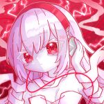  1girl bandaged_arm bandaged_leg bandages bare_shoulders breasts cable cleavage colored_eyelashes colored_skin commentary_request doro_c dress hair_between_eyes hand_on_headphones hardcore_syndrome hardcore_tano_c headphones highres j-core lolita_1105_15 long_hair portrait red_eyes red_theme solo very_long_hair white_dress white_eyelashes white_hair white_skin 