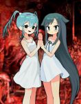  2girls bare_arms bare_shoulders batrobin_k black_eyes black_hair black_ribbon blue_hair blush closed_mouth commentary_request crossover dress feet_out_of_frame green_eyes green_hair hair_flaps hatsune_miku highres holding_hands interlocked_fingers long_hair looking_at_viewer multiple_girls open_mouth ribbon saya_(saya_no_uta) saya_no_uta sidelocks sleeveless sleeveless_dress smile standing stuckmoth_(vocaloid) sundress twintails very_long_hair white_dress 