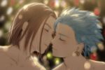  2boys bangs blue_hair blurry blurry_background blush brown_hair camus_(dq11) closed_eyes collarbone commentary_request couple depth_of_field dragon_quest dragon_quest_xi earrings face facing_another hero_(dq11) imminent_kiss jewelry mondi_hl multiple_boys parted_bangs smile spiked_hair yaoi 
