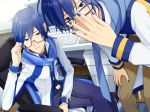  2boys adjusting_eyewear belt bespectacled blue_eyes blue_hair blue_nails blue_pants blue_scarf brown_pants cabinet chair coat commentary computer desk dual_persona glasses hand_on_own_knee indoors kaito kaito_(vocaloid3) keyboard_(computer) leaning_forward looking_at_viewer male_focus mouse_(computer) mousepad_(object) multiple_boys nokuhashi office_chair pants parted_lips red-tinted_eyewear scarf semi-rimless_eyewear sitting smile standing vocaloid white_coat wooden_floor 