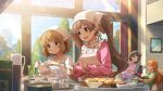  4girls animal blue_eyes brown_eyes brown_hair closed_mouth commentary_request cup day dog food game_cg hakozaki_serika holding holding_cup idolmaster idolmaster_million_live! idolmaster_million_live!_theater_days indoors junior_(idolmaster) light_particles long_hair long_sleeves multiple_girls nakatani_iku official_art ogami_tamaki open_mouth pink_shirt pouring precure shirt short_hair smile smile_precure! standing suou_momoko tea teapot third-party_source twintails 