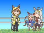  3girls ahoge animal_ears belt black_choker black_pants black_pantyhose black_shirt blank_eyes blue_hairband blue_jacket blue_sailor_collar blue_skirt blue_sky blue_sports_bra blush boots brooch brown_hair choker collarbone commentary_request crop_top dicta_striker_(umamusume) ear_covers ear_ornament ears_through_headwear ears_through_hood fang fence fingerless_gloves gloves grass grey_hair grey_tail grin hair_between_eyes hair_ornament hairband headband hood hooded_jacket hoodie horse_ears horse_girl horse_tail jacket jewelry lightning_bolt_print lightning_bolt_symbol long_hair long_sleeves midriff mr._ebidou multicolored_hair multiple_girls navel neckerchief no_mouth oguri_cap_(starlight_beat)_(umamusume) oguri_cap_(umamusume) open_mouth pants pantyhose pleated_skirt red_belt red_headband red_neckerchief sailor_collar shirt short_hair skirt sky smile sports_bra star_brooch streaked_hair striped_clothes striped_hairband tail tamamo_cross_(umamusume) tamamo_cross_(with_lightning_speed)_(umamusume) teeth umamusume umamusume:_cinderella_gray very_long_hair white_boots white_hair white_jacket white_pants white_shirt yellow_hood yellow_hoodie yellow_jacket 