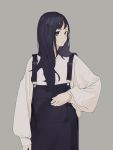  1girl bangs black_hair brown_eyes closed_mouth commentary_request grey_background highres long_hair long_sleeves looking_at_viewer looking_to_the_side original overalls puffy_long_sleeves puffy_sleeves shirt simple_background sleeves_past_wrists solo tsurara_eeri upper_body white_shirt 