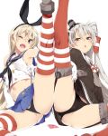  2girls amatsukaze_(kantai_collection) black_dress black_neckwear black_panties blonde_hair blue_sailor_collar blue_skirt blush brown_eyes collarbone condom_wrapper crop_top dress elbow_gloves eyebrows_visible_through_hair gloves hair_between_eyes hair_tubes highleg highleg_panties highres kantai_collection long_hair long_sleeves miniskirt mtu_(orewamuzituda) multiple_girls navel neckerchief one_eye_closed open_mouth panties panty_pull pleated_skirt pulled_by_self red_legwear sailor_collar sailor_dress school_uniform serafuku shimakaze_(kantai_collection) silver_hair simple_background skirt sleeveless smile striped striped_legwear thighhighs two_side_up underwear white_background white_gloves white_sailor_collar windsock 