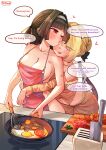  2girls absurdres apron areola_slip astra_yao bite_mark bite_mark_on_breast black_hair blonde_hair braid braided_bun breasts carrot cleavage commentary cooking cutting_board english_commentary english_text evelyn_chevalier fried_egg frying_pan hair_bun hairband heart highres holding holding_frying_pan holding_whisk hug hug_from_behind knife knife_block large_breasts lipstick_mark lipstick_mark_on_arm lipstick_mark_on_breast long_hair miimach7 multiple_girls naked_apron one_eye_closed open_mouth orange_pants orange_shirt pajamas pants pink_apron pink_eyes puckered_lips purple_eyes shirt simple_background smile speech_bubble stove tomato whisk white_background white_hairband yuri zenless_zone_zero 