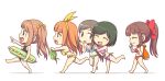  5girls :d ^_^ ass bag barefoot beads bikini black_hair black_one-piece_swimsuit blue_bikini blunt_bangs blush bow breasts brown_eyes brown_hair chibi chibi_only cleavage closed_eyes frilled_bikini frilled_innertube frills giggling grabbing_another's_arm green_eyes groin hair_beads hair_bow hair_ornament holding holding_bag innertube josui_(senran_kagura) kagari_(senran_kagura) large_breasts looking_ahead looking_at_another mai_(senran_kagura) multiple_girls navel official_art one-piece_swimsuit open_mouth orange_hair pink_bikini pointing ponytail red_bikini red_bow running senran_kagura senran_kagura_new_wave short_hair shoulder_bag side-tie_bikini_bottom sideboob simple_background smile standing standing_on_one_leg strapless strapless_bikini striped_innertube swept_bangs swim_ring swimsuit tsubaki_(senran_kagura) twintails walking white_background yellow_bikini yellow_bow yugiri_(senran_kagura) 
