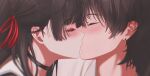  1boy 1girl absurdres black_choker black_hair chisa_(wuthering_waves) choker closed_eyes commentary english_commentary facing_another hair_ribbon hetero highres iamnk kiss long_hair male_rover_(wuthering_waves) mole mole_under_eye portrait red_ribbon ribbon rover_(wuthering_waves) wuthering_waves 