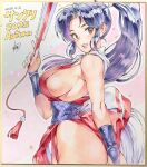  1girl blue_hair breasts brown_eyes commentary_request dated fatal_fury folded_fan folding_fan hand_fan high_ponytail highres holding holding_fan large_breasts long_hair looking_at_viewer matsuda_(matsukichi) open_mouth pelvic_curtain ponytail shippou_(pattern) shiranui_mai sideboob solo traditional_media very_long_hair wrist_guards 