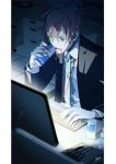  1boy bangs black_jacket blue_eyes blue_hair btmr_game can chair drooling energy_drink hair_between_eyes highres hypnosis_mic id_card indoors jacket kannonzaka_doppo keyboard_(computer) lanyard long_sleeves male_focus monitor multicolored_hair necktie open_mouth red_bull red_hair signature sitting solo sweat 