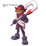  2000s_(style) android black_hat black_pants cane character_name copyright_name full_body green_eyes hat highres jacket karakatodzo looking_at_viewer mechanization mega_man_(series) mega_man_zero_(series) nakayama_tooru_(style) outstretched_hand pants parody robot roman_torchwick rwby simple_background standing style_parody tagme white_background white_jacket 