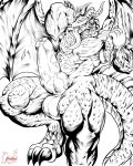  3_toes 4:5 absurd_res anthro balls big_balls big_muscles big_penis black_and_white corrursys dragon feet foreskin genitals hand_behind_head hi_res horn huge_penis humanoid_feet humanoid_genitalia humanoid_penis long_tongue male monochrome multi_eye muscular muscular_anthro muscular_legs muscular_male penis scalie sharp_teeth solo teeth thefastza toes tongue tongue_out uncut vein veiny_penis western_dragon wings 
