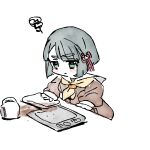  1girl black_hair blunt_bangs blunt_ends blush_stickers bob_cut breasts brown_dress coffee coffee_mug commentary_request cup dress flower_knot green_eyes hasu_no_sora_school_uniform link!_like!_love_live! long_sleeves love_live! medium_breasts momose_ginko mug neckerchief pleated_dress sailor_collar sailor_dress school_uniform shinanoya_(satanicad) short_hair simple_background solo spill squiggle tray virtual_youtuber white_background white_sailor_collar winter_uniform wiping wiping_table yellow_neckerchief 