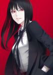  1girl black_hair erise fang formal hand_in_pocket hands_in_pockets highres long_hair looking_at_viewer necktie original red_background red_eyes solo suit upper_body 