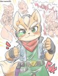  2020 5_fingers anthro belt blush canid canine clothing ermame26 eyebrows fingers fox fox_mccloud fur green_eyes gun inner_ear_fluff jackets japanese_text looking_at_viewer male mammal nintendo orange_body orange_fur ranged_weapon smile star_fox suit tan_body tan_fur text tuft video_games weapon whiskers 