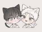  2boys animal_ears black_hair black_tail blush cat_boy cat_ears cat_tail chibi collared_shirt commentary_request cropped_shoulders grey_background grey_eyes highres hikaru_ga_shinda_natsu indou_hikaru male_focus moccchinmo mole mole_on_cheek mole_on_neck mole_under_eye mole_under_mouth multiple_boys multiple_moles red_pupils shirt short_eyebrows short_hair simple_background slit_pupils tail tsujinaka_yoshiki twitter_username white_hair white_shirt white_tail 