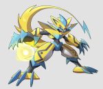  blue_claws blue_eyes claws crossover electricity full_body grey_background highres legs_apart mechanization mega_man_(series) mega_man_zero_(series) mega_man_zx pokemon pokemon_(creature) robot simple_background standing tagme tail ultimatemaverickx yellow_tail zeraora 