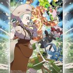  1girl antennae apron artist_name ascot blush blush_stickers brown_apron brown_ascot brown_gloves brown_hair brown_shirt brown_skirt character_name claws closed_mouth commentary company_name copyright_notice english_commentary eyelashes forretress from_side gloves green_eyes green_hair hair_bun heracross highres holding holding_poke_ball horns insect_wings instagram_username katy_(pokemon) lokix long_skirt merchandise_available net_ball official_style open_mouth outline poke_ball pokemon pokemon_(creature) pokemon_sv puffy_short_sleeves puffy_sleeves sharp_teeth shirt short_sleeves silk single_horn single_side_bun skirt smile spidops teeth terastallization tom_higgins ursaring v-shaped_eyes vivillon vivillon_(fancy) watermark white_outline wings 