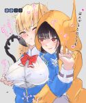  2girls absurdres asakura_karen_(heaven_burns_red) black_hair blonde_hair blue_eyes blue_jacket blunt_bangs blush bow bowtie breasts closed_mouth commentary_request cosplay covered_nipples demon_horns fake_horns gameplay_mechanics grabbing_another's_breast grabbing_from_behind grey_background groping hair_between_eyes hand_up heart heart-shaped_pupils heaven_burns_red heavy_breathing highres hood hood_up hooded_jacket hoodie horns implied_fingering jacket large_breasts long_hair long_sleeves looking_at_another motion_lines multiple_girls nipple_stimulation nipple_tweak one_eye_closed open_clothes open_mouth orange_hoodie parted_lips reach-around red_bow red_bowtie red_eyes school_uniform shirt simple_background smile spoken_heart sweat symbol-shaped_pupils tail terulion1192 toujou_tsukasa twitching upper_body white_shirt wince yuri 