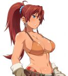  1girl bellows_(suisei_no_gargantia) belt bikini bikini_top_only blue_eyes breasts brown_belt brown_hair clenched_teeth commentary_request gloves hair_ornament hair_scrunchie large_breasts long_hair navel orange_bikini ponytail scrunchie sidelocks simple_background solo strap_gap suisei_no_gargantia swimsuit teeth tenchisouha upper_body white_background 