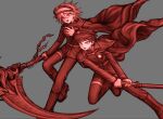  2boys ahoge aotsuki_eito aotsuki_eito_(cosplay) belt boots cape commentary_request cosplay danganronpa_(series) danganronpa_2:_goodbye_despair gakuran geta hand_up highres hinata_hajime holding holding_scythe holding_sword holding_weapon hole_in_chest hole_on_body ja_ko_(osyy_mo) jacket knee_boots komaeda_nagito komatsuzaki_rui_(style) last_defense_academy_school_uniform male_focus multiple_boys open_mouth pants red_theme school_uniform scythe short_hair smile sumino_takumi sumino_takumi_(cosplay) sword the_hundred_line_-last_defense_academy- thigh_strap weapon 