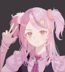  1girl aqua_nails bead_necklace beads black_background black_vest brown_eyes closed_mouth collared_shirt commentary dot_nose ear_piercing earrings eyelashes frilled_vest frills guzhixiao gyaru hair_ornament hair_scrunchie hairclip happy heart heart_hair_ornament heart_necklace highres infinity_nikki jewelry light_blush light_smile lips long_hair multicolored_hair multicolored_nails multiple_piercings nail_polish necklace necktie nikki_(series) parallel_hairclips piercing pink_arm_warmers pink_hair pink_lips pink_necktie pink_scrunchie pink_shirt plaid_clothes plaid_necktie puffy_short_sleeves puffy_sleeves ribbon ribbon_earrings rosie_sweetheart_(infinity_nikki) scrunchie shirt short_sleeves simple_background single_earring solo split-color_hair star_(symbol) star_hair_ornament symbol-only_commentary two_side_up upper_body v vest x_hair_ornament y2k_fashion yellow_nails yellow_ribbon 