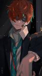  1boy bandaid bandaid_on_face bangs black_jacket blue_eyes blue_hair blue_neckwear bruise bruise_on_face btmr_game elbow_rest formal hair_between_eyes hypnosis_mic injury jacket kannonzaka_doppo lanyard long_sleeves male_focus multicolored_hair necktie red_hair simple_background solo suit upper_body 