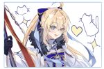  1girl aesc_(fate) aesc_(savior)_(fate) ahoge black_gloves blonde_hair blue_eyes blush bow fate/grand_order fate_(series) fur_trim gloves hair_between_eyes hair_bow highres kandatu looking_at_viewer open_mouth ponytail simple_background smile solo spikes white_background 