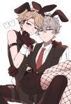  2boys :3 aibii_(senaru0303) animal_ears arm_belt arm_strap belt black_gloves black_pants black_shorts black_tailcoat black_vest blonde_hair blue_eyes blush brown_hair buckle collared_shirt commentary cowboy_shot curtained_hair earrings ensemble_stars! expressionless fake_animal_ears fishnet_pantyhose fishnets gloves grey_hair hair_between_eyes hand_on_another's_back hand_on_another's_shoulder heart heart-shaped_buckle highres jewelry lapels long_sleeves looking_at_viewer male_focus midriff_peek multicolored_hair multiple_boys narukami_arashi necktie notched_lapels official_alternate_costume pants pantyhose purple_eyes rabbit_ears rabbit_tail red_necktie sena_izumi_(ensemble_stars!) shirt short_hair short_sleeves shorts sitting sitting_on_lap sitting_on_person sleeveless stud_earrings symbol-only_commentary tail tailcoat thigh_strap two-tone_hair undercut vest white_shirt white_wrist_cuffs wrist_cuffs yaoi 