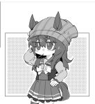  1girl animal_ears arm_behind_head arm_up beanie beer_hsk ben-day_dots bow commentary_request ears_through_headwear greyscale hand_on_own_hip hat horse_ears horse_girl horse_tail long_sleeves monochrome nakayama_festa_(umamusume) pleated_skirt puffy_long_sleeves puffy_sleeves school_uniform screentones shirt skirt solo striped_clothes striped_headwear tail thighhighs tracen_school_uniform umamusume vertical-striped_clothes vertical-striped_headwear white_background 