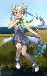  1girl absurdres blue_sky dress eyebrows_visible_through_hair forest full_body green_ribbon highres kemono_friends nature neck_ribbon open_mouth outdoors ribbon scenery shoes silver_hair sky skyfish_(kemono_friends) sleeveless sleeveless_dress solo tree twintails upper_teeth welt_(kinsei_koutenkyoku) white_dress white_footwear white_legwear yellow_eyes 